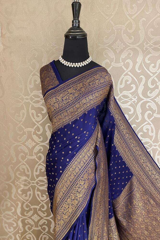 Navy Blue Crepe Khaddi Banarasi Silk Saree With Unstiched Blouse