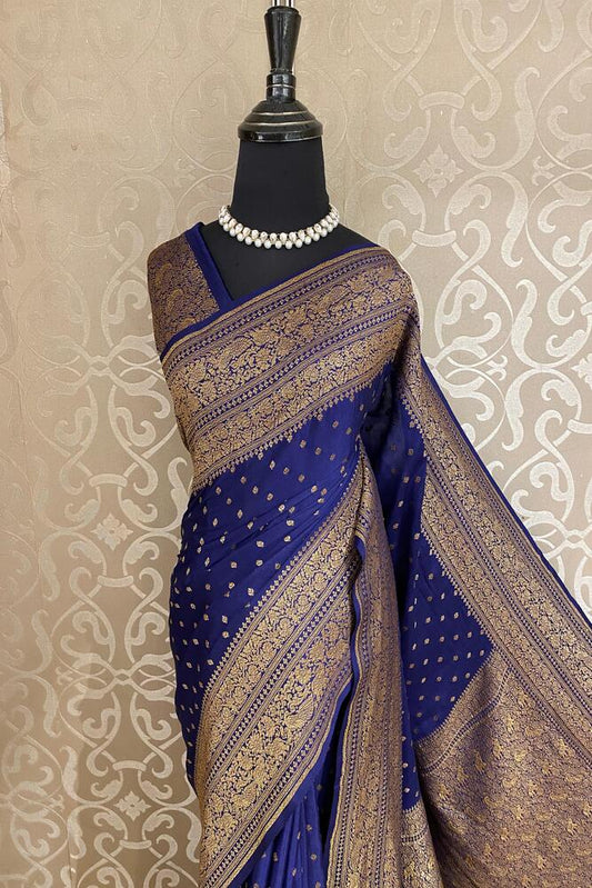Navy Blue Crepe Khaddi Banarasi Silk Saree With Unstiched Blouse