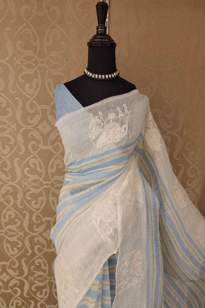 Off-White & Blue Linen Embroidery Saree, With Unstiched Blouse