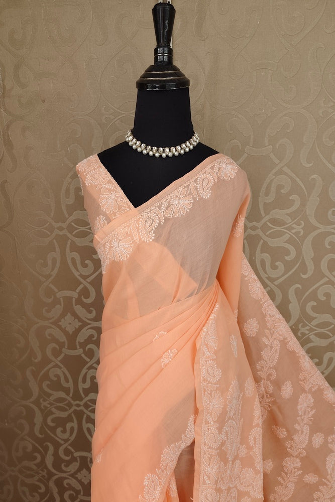 Peach Cotton Saree With Chikankari Embroidery, Unstitched Blouse