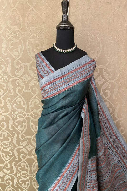Dark Teal Blue Tussar Embroidery Saree With Kantha Work Border, With Unstitched Blouse