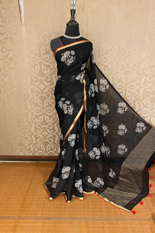 Black Chiffon Saree, With Unstiched Blouse
