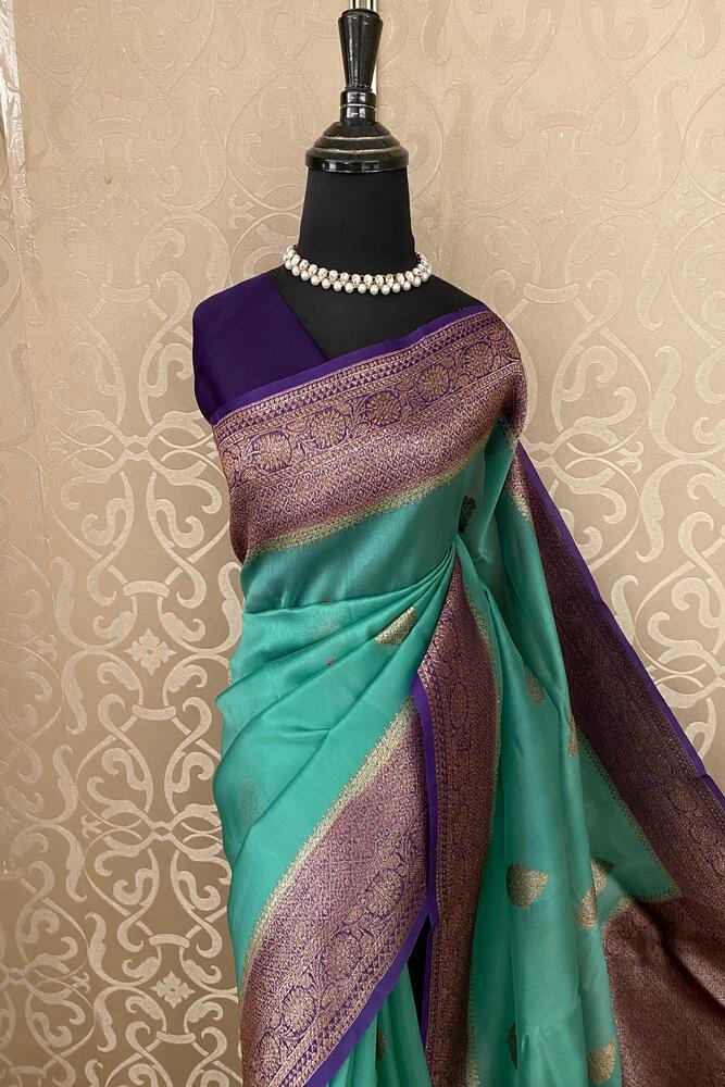 Firozi Blue Kora Banarasi Silk Saree, With Unstiched Blouse