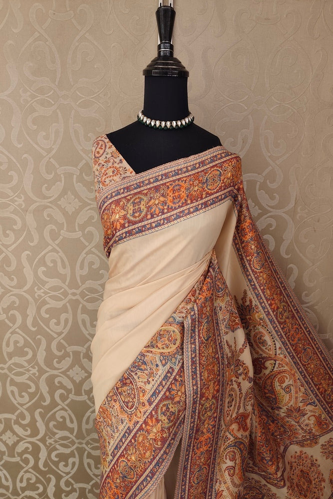 Cream Pure Kani Handloom Silk Saree With Floral Woven Blouse