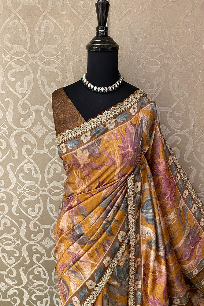Mustard Yellow Tussar Silk Printed Saree With Embroidery Border, With Unstiched Blouse