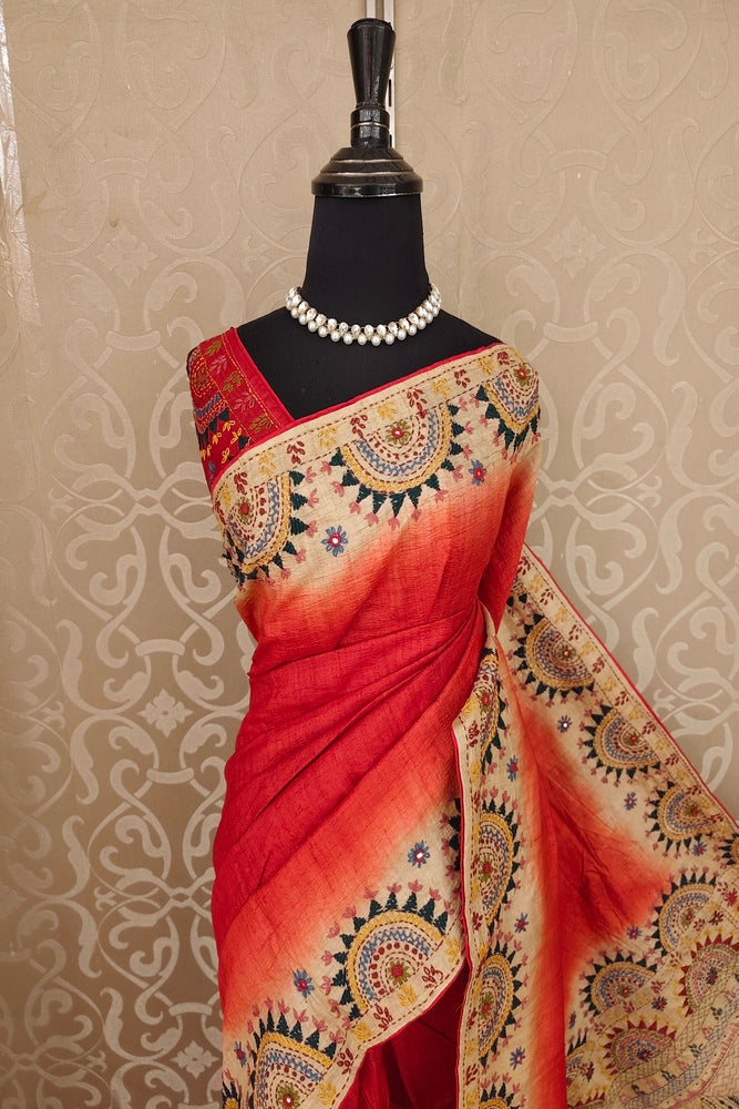 Red Tussar Hand Embroidery Work Saree, With Unstitched Blouse