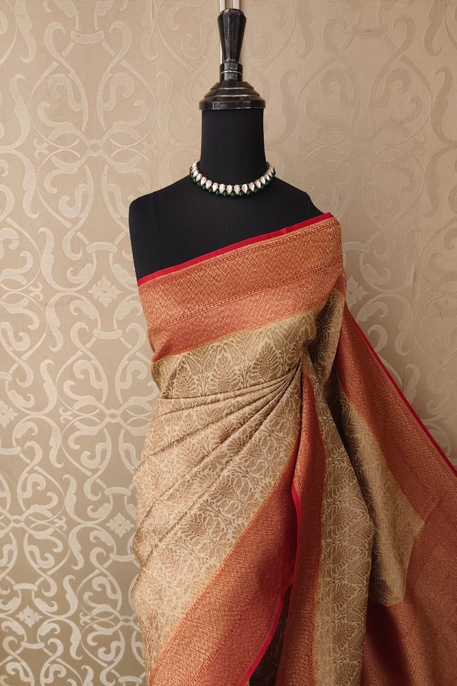 Beige Brocade Kora Banarasi Silk Saree, With Unstiched Blouse