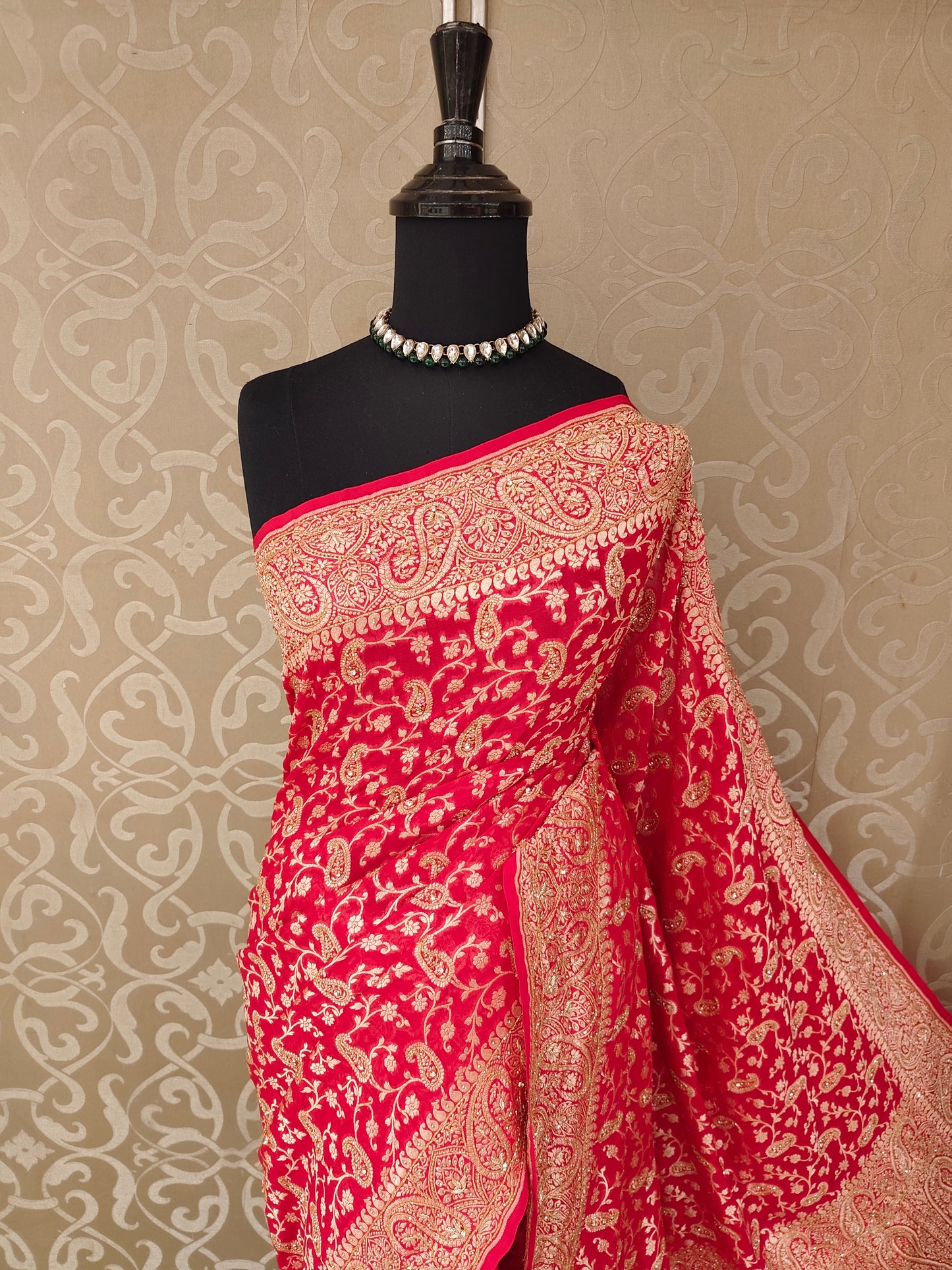 Red Georgette Khaddi Embroidery Saree, With Unstiched Blouse