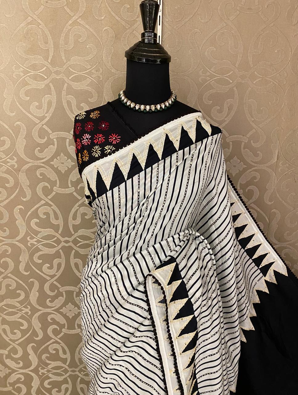White & Black Stripe Munga Silk Saree With Hand Embroidery Work, With Unstiched Blouse