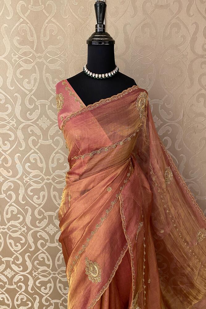 Golden Pink Tissue Silk Embroidery Saree, With Unstiched Blouse