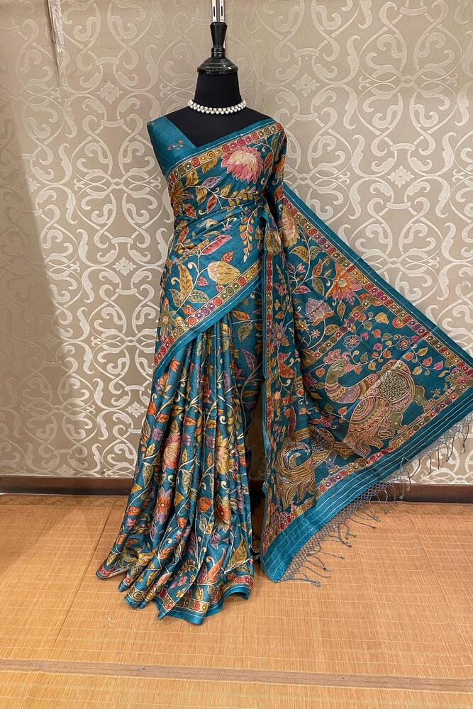 Multi & Blue Tussar Kalamkari Aari Work Saree, With Unstiched Blouse