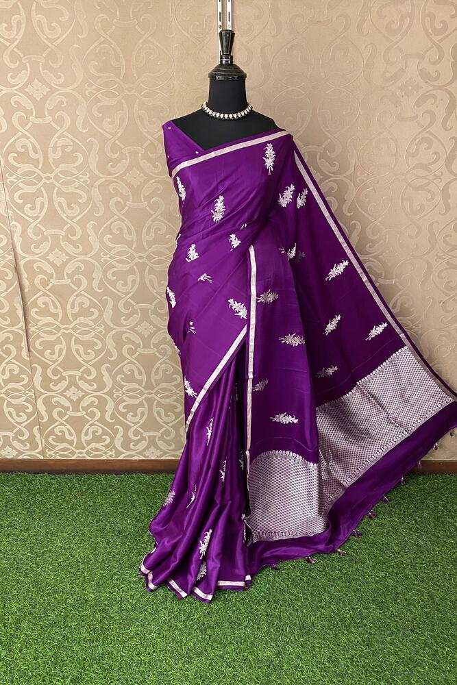 Deep Purple Mashru Silk Banarasi Handloom Saree, With Unstiched Blouse