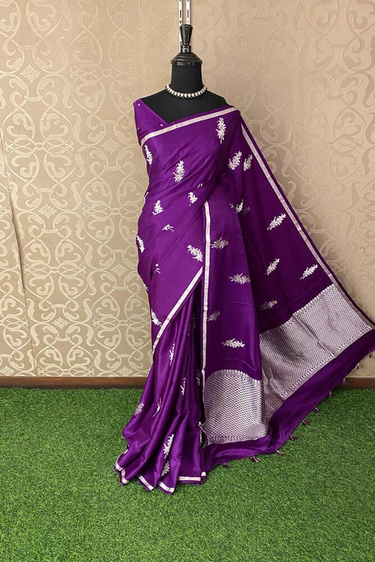 Deep Purple Mashru Silk Banarasi Handloom Saree, With Unstiched Blouse