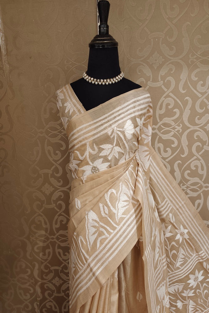 Beige Tussar Embroidery Saree With Kantha Work Border, With Unstitched Blouse