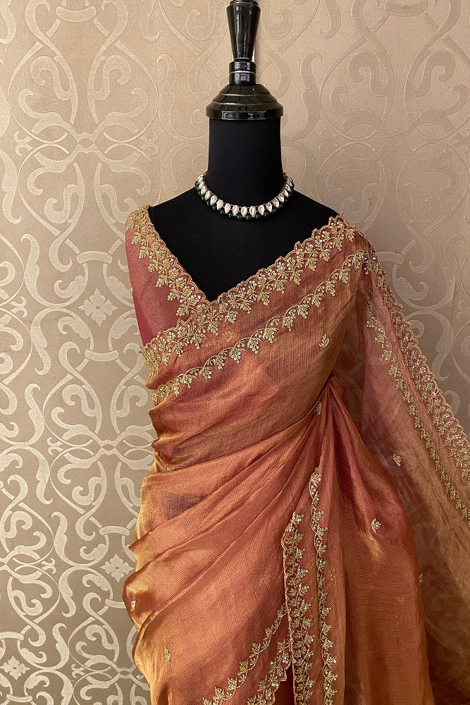 Red Tissue Embroidery Saree, With Unstiched Blouse