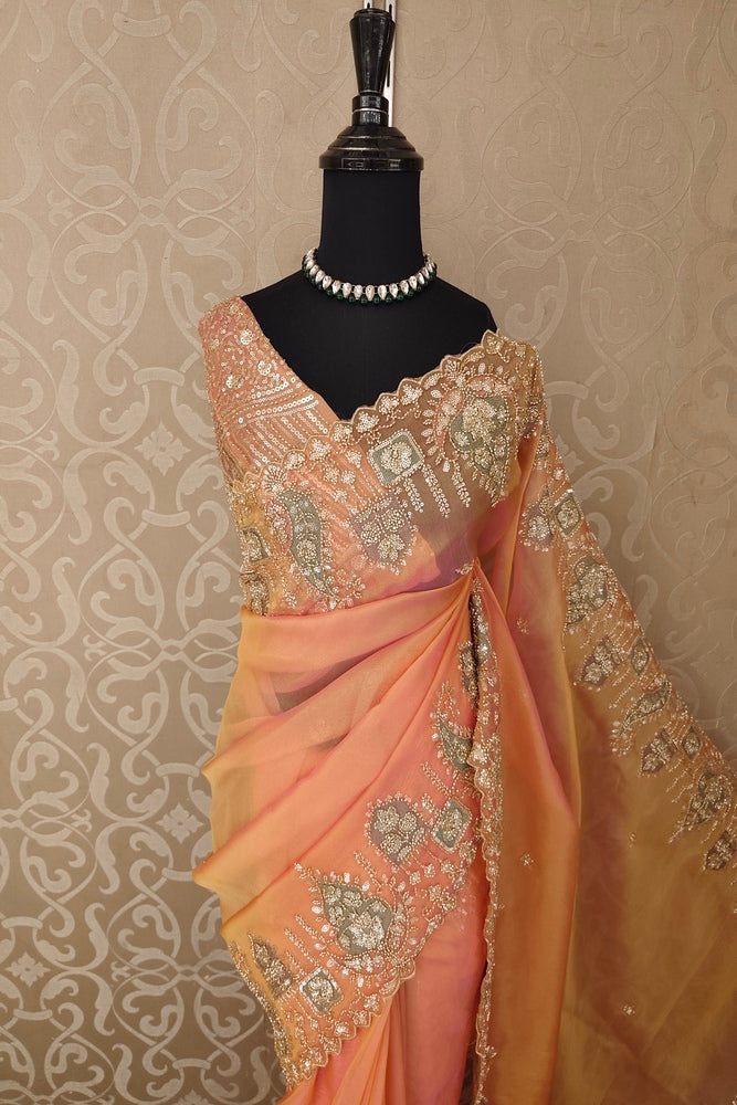 Golden Orange Soft Tissue Organza Silk Embroidery Saree, With Unstiched Blouse