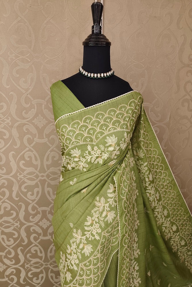 Pista Green Tussar Resham Embroidery Saree, With Unstitched Blouse