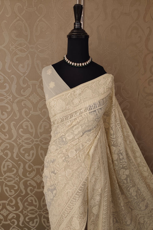 Off-White Georgette Saree With Chikankari Embroidery, Unstitched Blouse