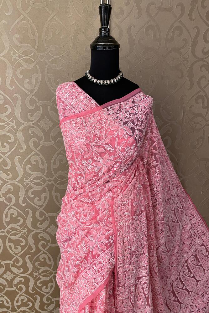 Pink Georgette Hand Chikankari Work Saree, With Unstiched Blouse