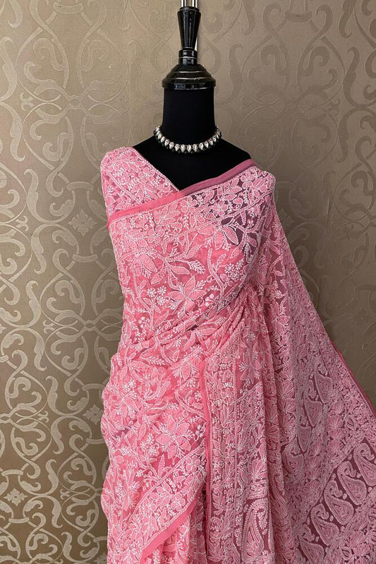 Pink Georgette Hand Chikankari Work Saree, With Unstiched Blouse