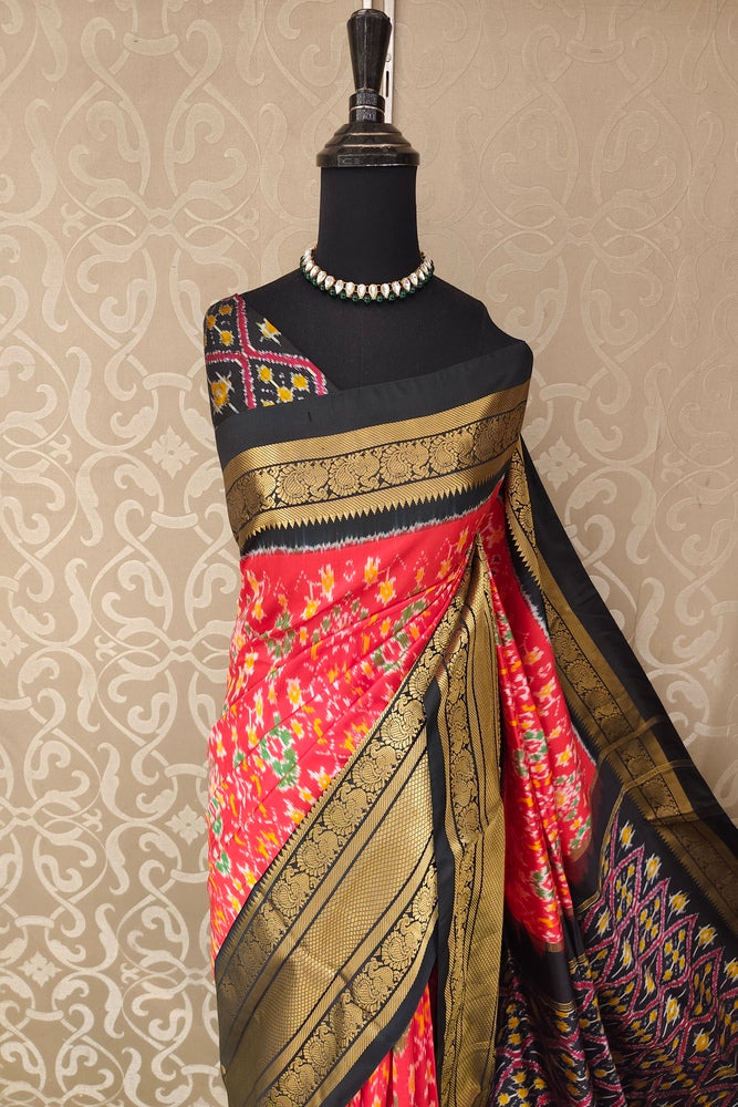 Red Pochampally Ikat Silk Saree, With Unstiched Blouse