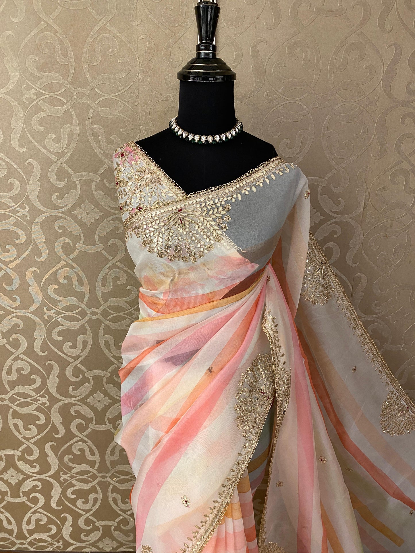 Off-White Organza Saree With Gota Patti Work, With Unstitched Blouse