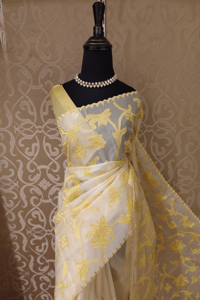 Off-White & Yellow Organza Saree With Appliqué Work, With One Unstitched Blouse
