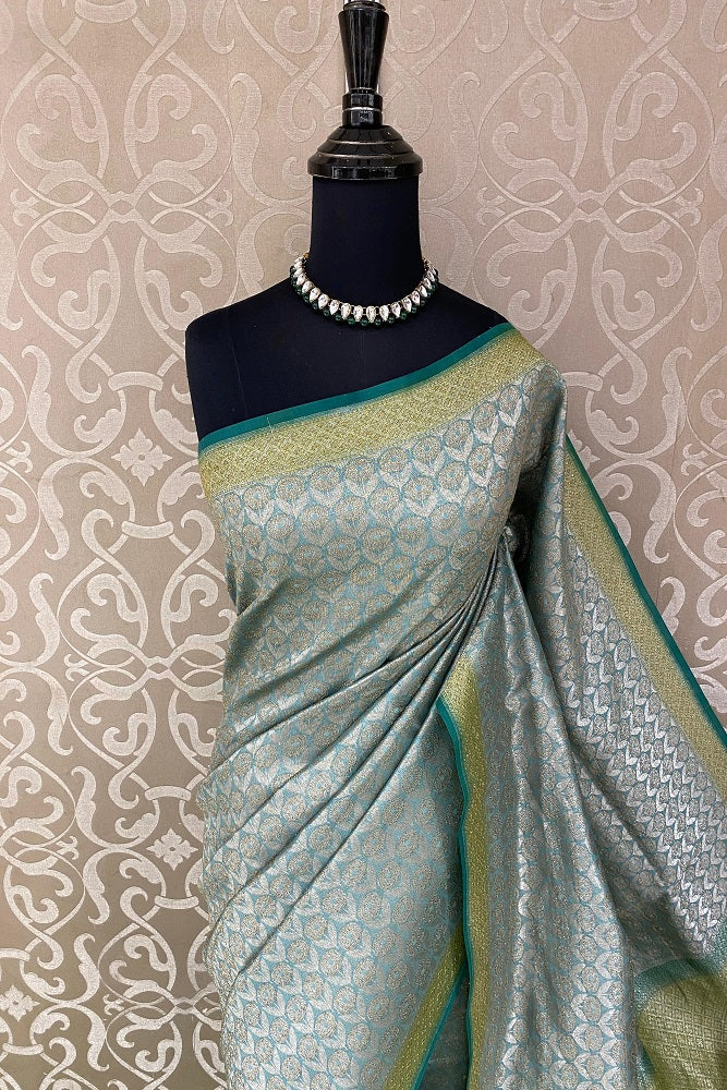 Grey & Green Brocade Chanderi Silk With Unstiched Blouse