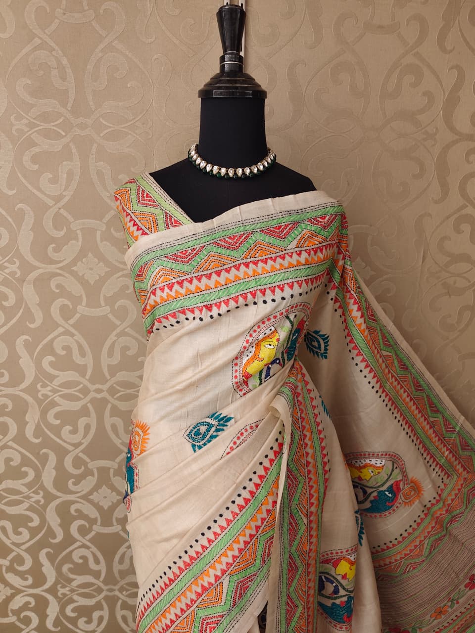 Beige Tussar Embroidery Saree With Kantha Work Border, With Unstitched Blouse