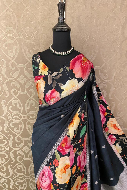 Black Tussar Banarasi saree with digital mashru border, traditional wear by Saarang Sarees, featuring intricate gold zari work.