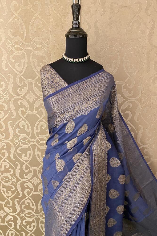 Deep Blue Linen Banarasi Saree With Unstiched Blouse