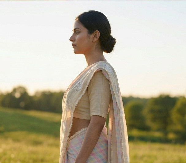 Off-White Chekered Designed Chiffon Saree, With Floral Border, With Unstiched Blouse