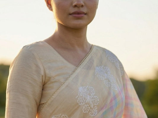Off-White Chekered Designed Chiffon Saree, With Floral Border, With Unstiched Blouse