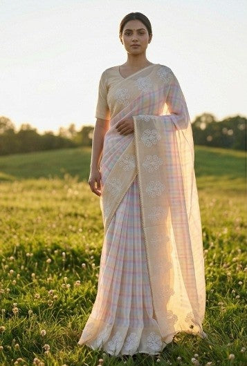 Off-White Chekered Designed Chiffon Saree, With Floral Border, With Unstiched Blouse