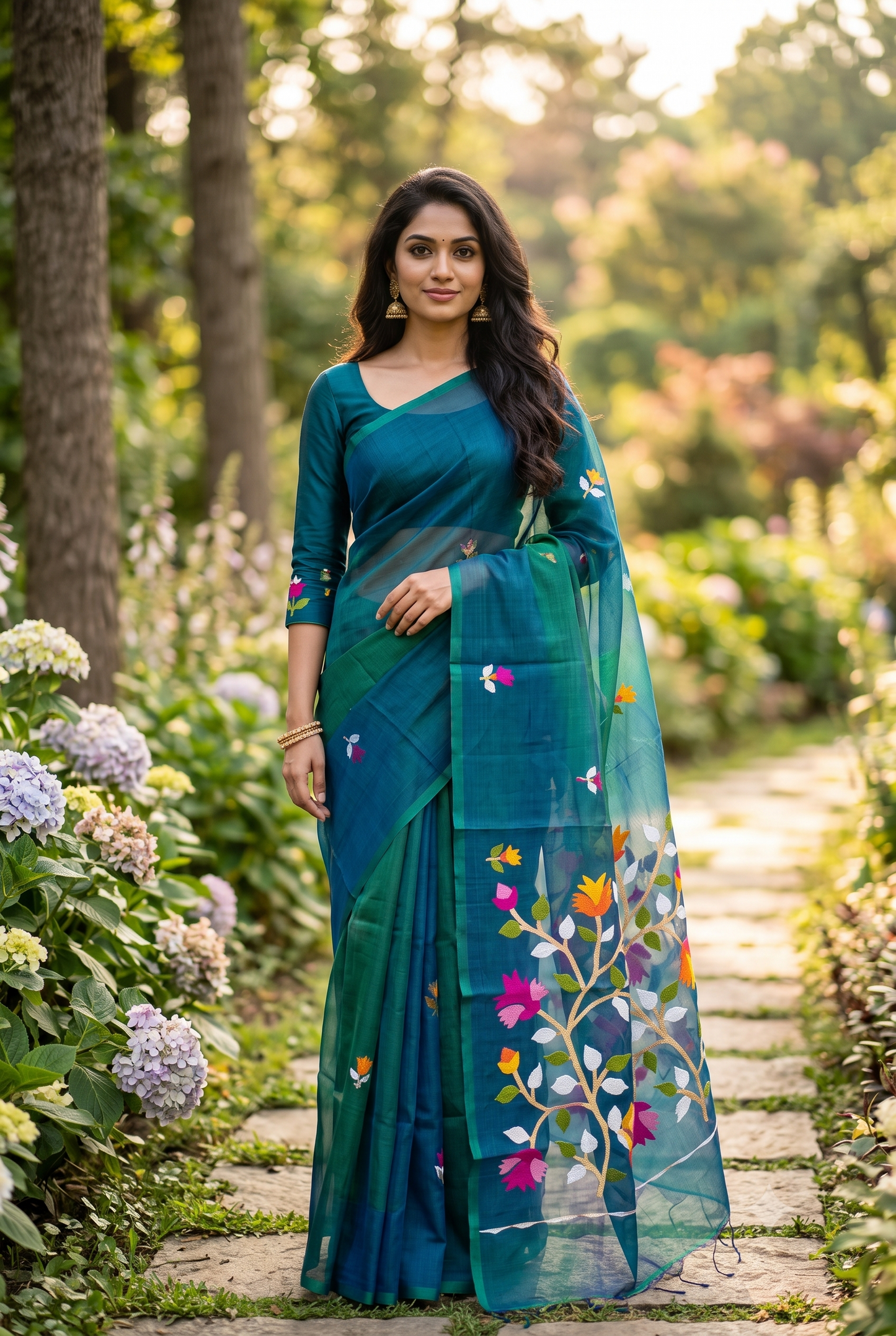 Rama Blue Muslin Dhakai Saree, Without Blouse