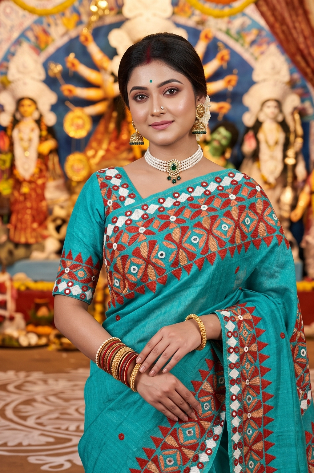 Firozi Tussar Hand Embroidery Saree, With Unstitched Blouse