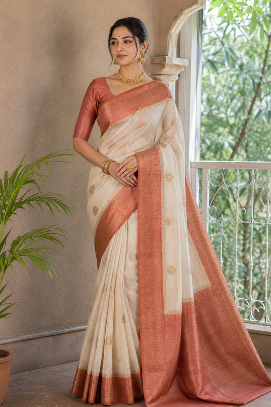 Off-White Tussar Banarasi Silk Saree, Hand Woven Motifs With Unstiched Blouse
