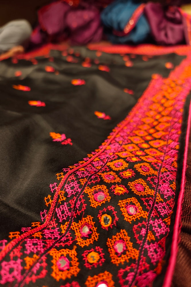 Black Semi Munga Silk Cross Stitch Work Saree, With Unstiched Blouse