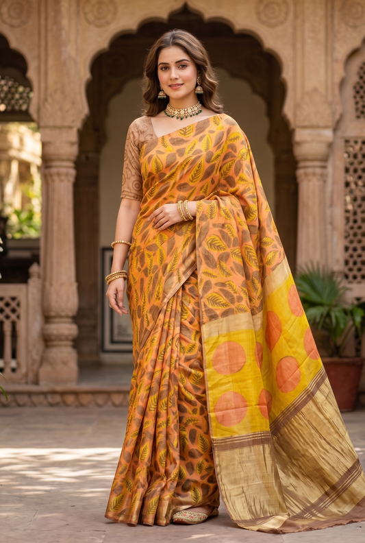 Peach Pure Modal Silk Ajrakh Printed Saree With Unstich Blouse
