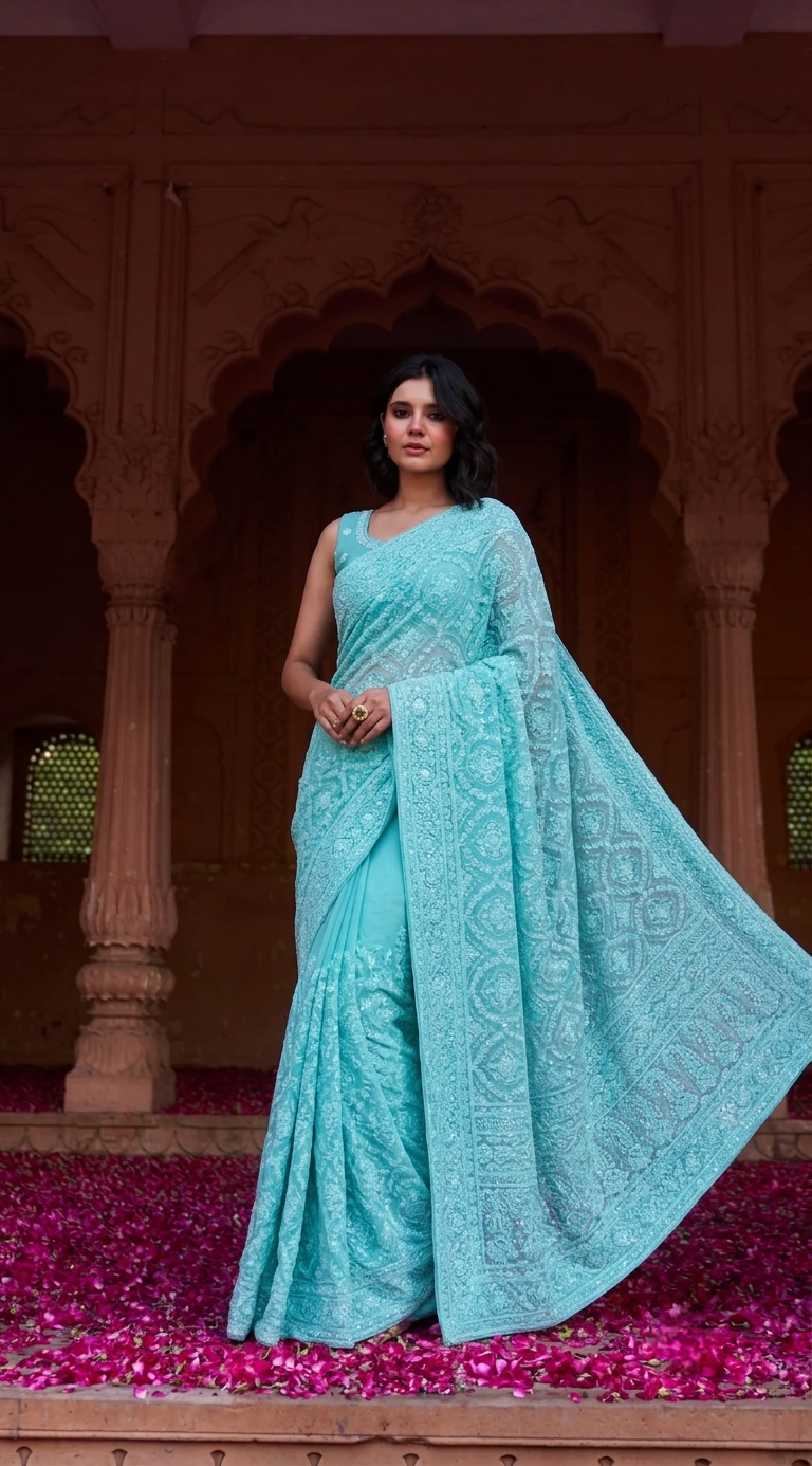 Firozi Blue Georgette Chikankari Embroidery Saree, With Unstitched Blouse