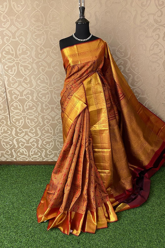 Golden Red Pure Kanjeevaram Silk Saree, With Unstiched Blouse