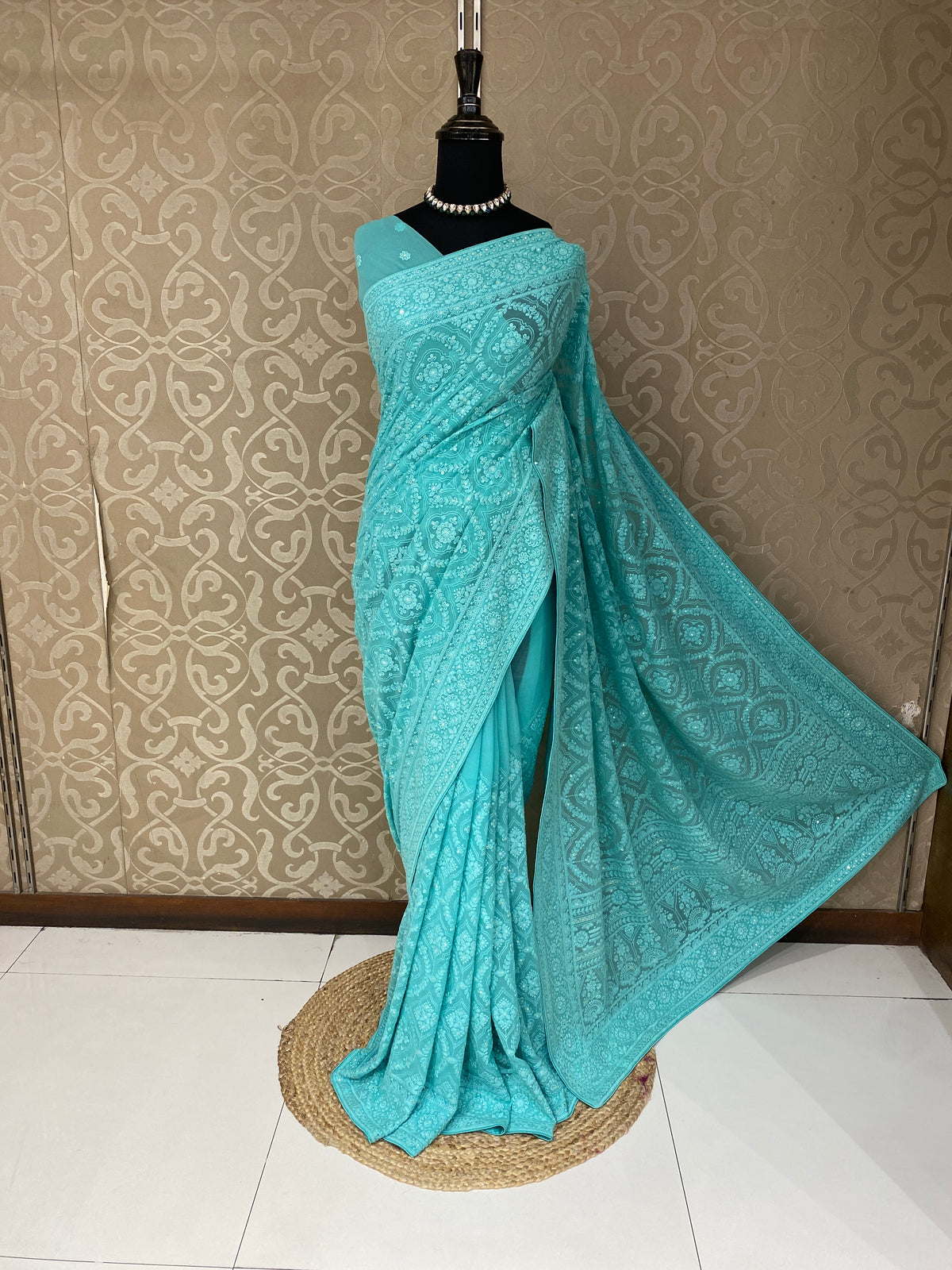 Firozi Blue Georgette Chikankari Embroidery Saree, With Unstitched Blouse