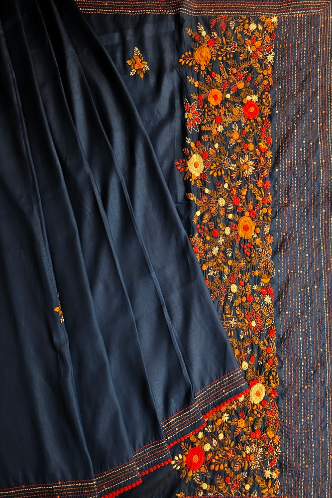 Deep Blue Semi Munga Silk French Knot Hand Embroidery Work Saree, With Unstiched Blouse