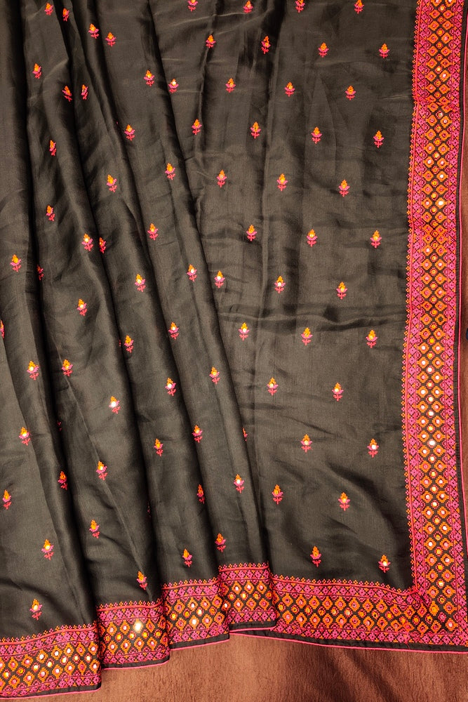 Black Semi Munga Silk Cross Stitch Work Saree, With Unstiched Blouse