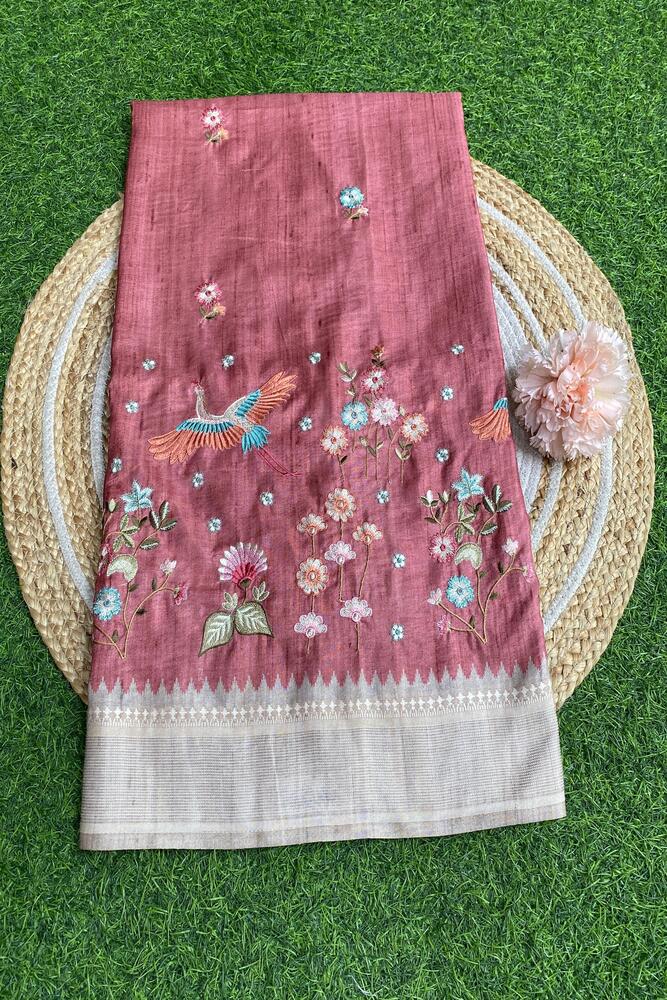 Pink Tussar Cotton Resham Work Saree, With Unstiched Blouse