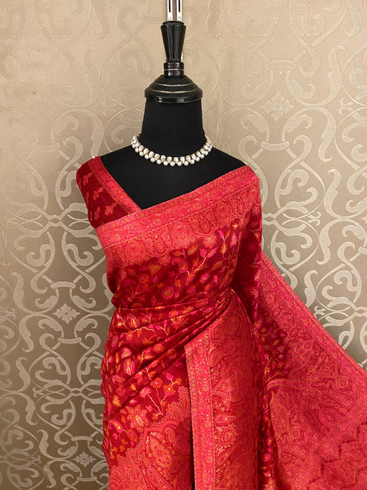 Red Pure Kani Handloom Silk Saree With Unstiched Jamewar Woven Blouse