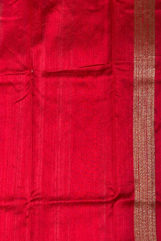 Red Pure Raw Tussar Banarasi Silk Saree, Hand Woven Motifs With Unstiched Blouse