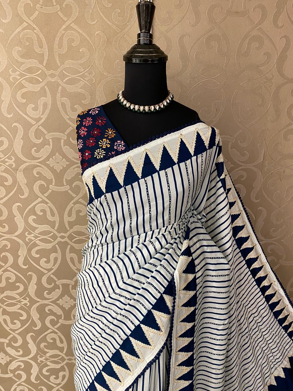 White & Blue Stripe Munga Silk Saree With Hand Embroidery Work, With Unstiched Blouse