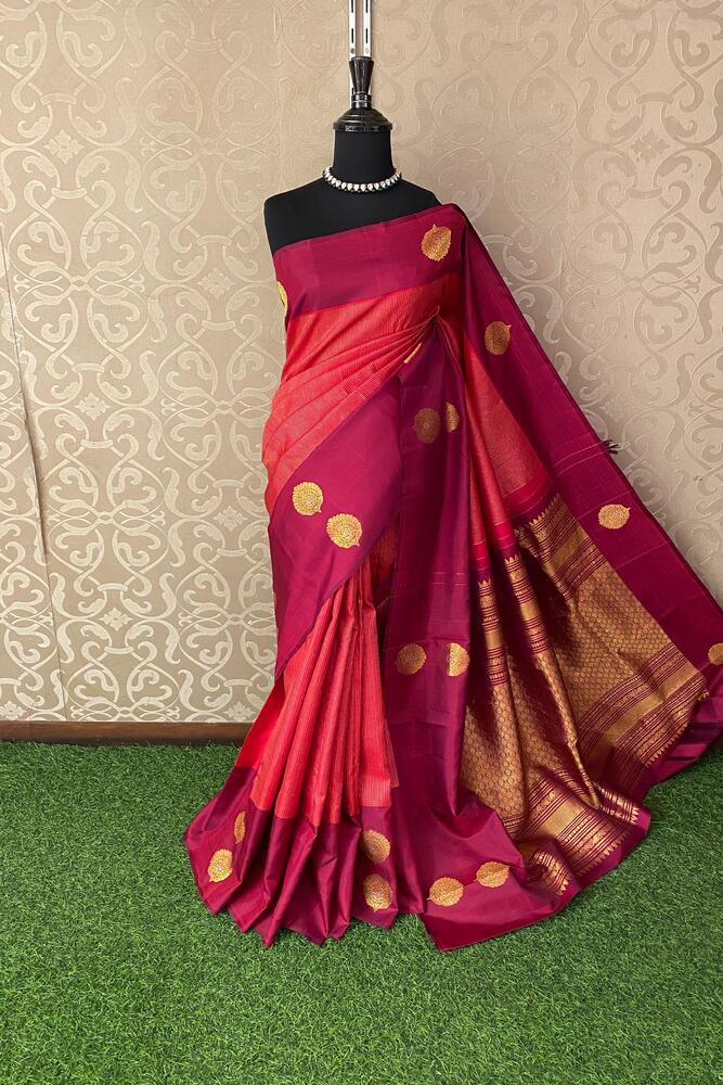 Red Pure Kanjeevaram Silk Saree, With Unstiched Blouse