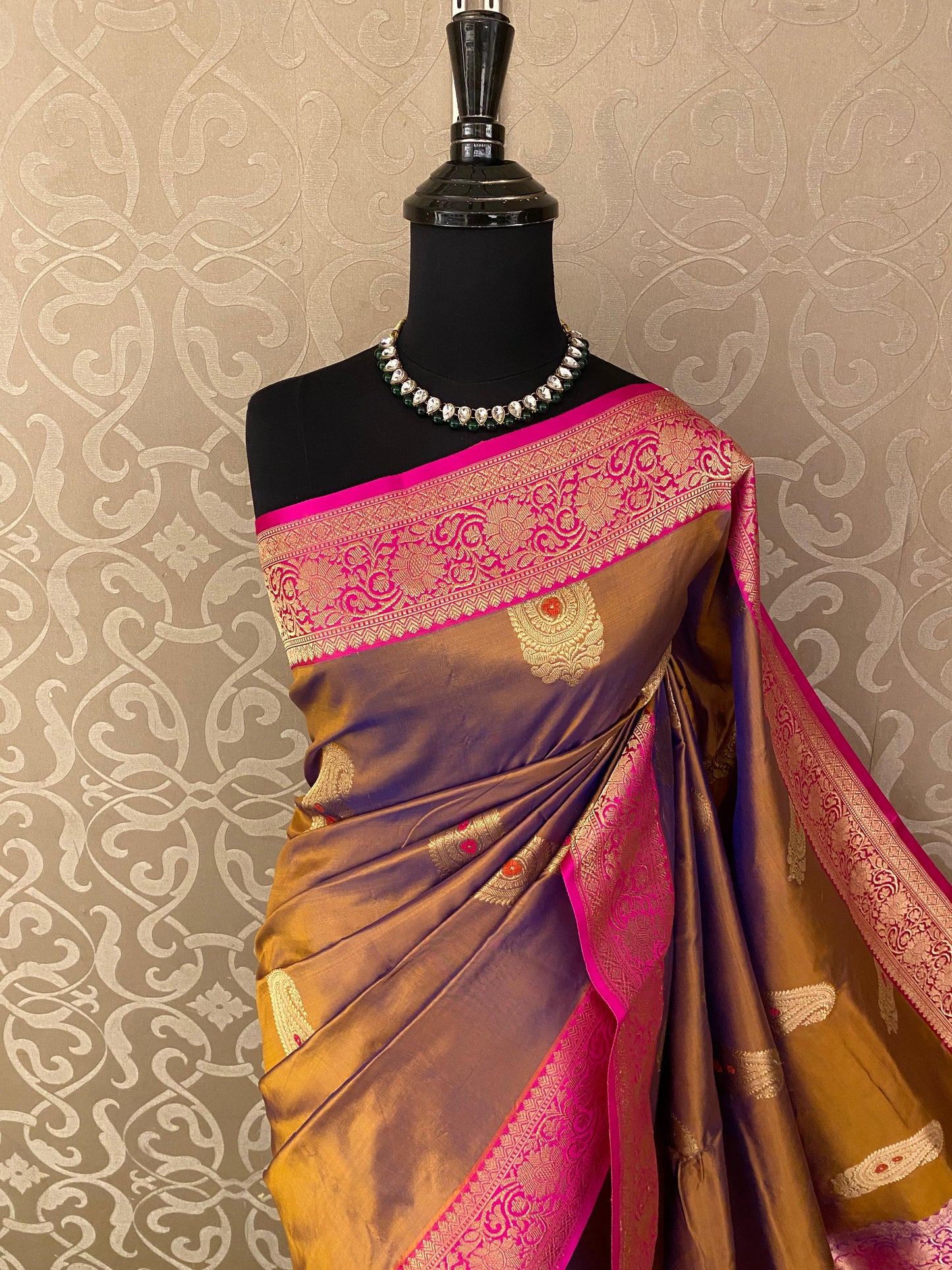 Olive Brown & Gold Katan Banarasi Saree Hand Woven Work, With Unstiched Blouse